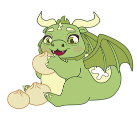 Little green dragon. Funny green dragon with a food. Vector illustration.