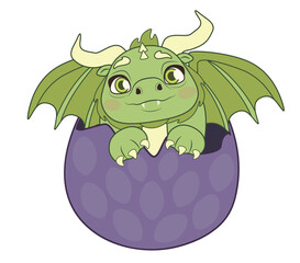 Funny little green dragon in an egg. Vector illustration.