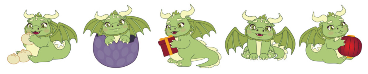 Set of little green dragons. Funny green dragon with a gift, food, a Chinese lantern and in an egg. Vector illustration.