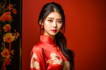 Portrait d'une jeune femme chinoise en robe traditionnelle