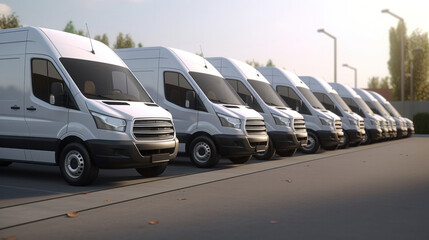 Delivery Fleet on Standby: Row of Vans from a Transport Service Company Parked in Unison".