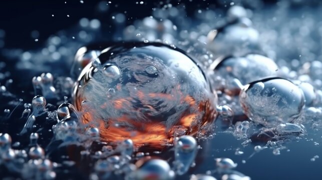 Transparent close up Bubbles in boiling water. AI generated image