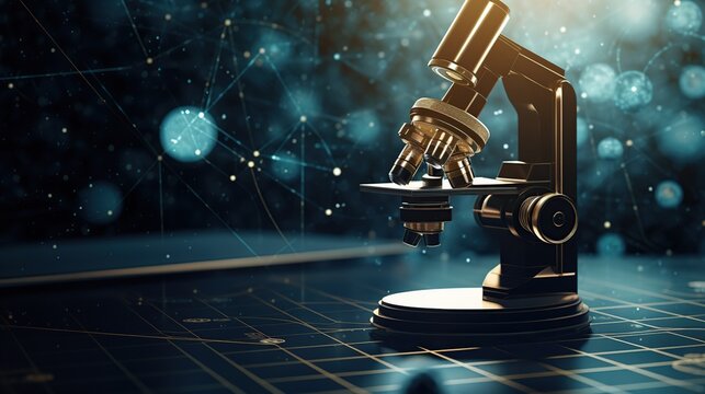 Rendering Microscope with chemical tube and glassware in laboratory. AI generated image
