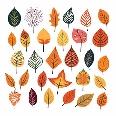 Funny autumn season leaf drawing illustration set. Hand drawn tree leave shapes on isolated background for kid education or fall concept.