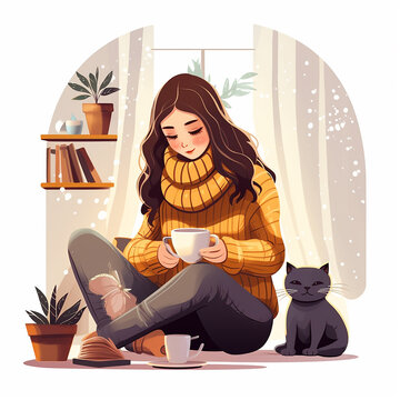 Girl knit. Knitting clothes, a woman sits at a table and knits a scarf for the winter. Cozy winter home interior with young woman, cat and cup of coffee, vector illustration in cartoon flat style.
