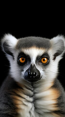 Naklejka premium Close-up portrait of a ring-tailed lemur isolated on black background. Minimalistic style. AI generated content.