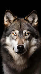 Close-up portrait of a wolf isolated on black background. Minimalistic style. AI generated content.