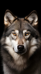 Obraz premium Close-up portrait of a wolf isolated on black background. Minimalistic style. AI generated content.