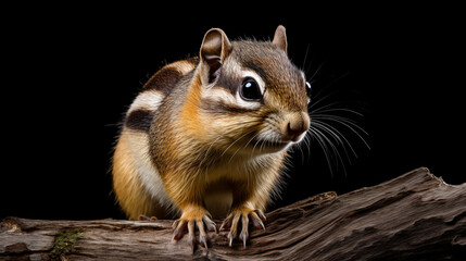 Close-up portrait of a chipmunk isolated on black background. Minimalistic style. AI generated content.