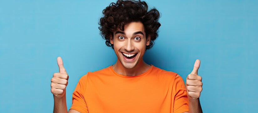 A cheerful young man donning a vibrant orange T shirt stands against a backdrop of a bright blue studio He playfully points his fingers towards the camera with a joyous and lighthearted expr