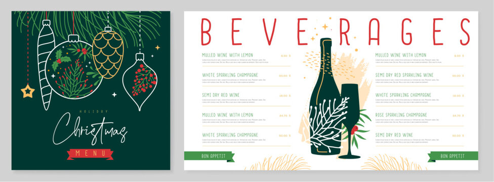 Restaurant Christmas holiday menu design with christmas floral desoration. Vector illustration