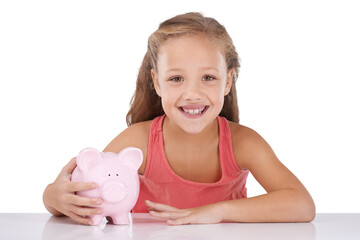 Happy girl, portrait and piggy bank for savings or investment isolated on a transparent PNG background. Face of female person, little child or kid smile with piggybank for financial freedom or profit