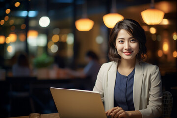 A cheerful young woman diligently typing on her laptop in a contemporary office at night, surrounded by a shimmering sea of bokeh lights. Generative AI.