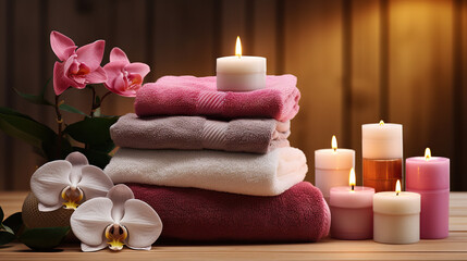  a stack of towels and candles on a table with flowers.  generative ai