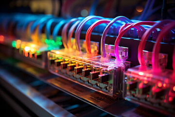 Colorful network cables and switches in a server rack