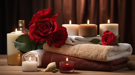 Obraz na płótnie Canvas a table topped with candles and towels covered in red roses. generative ai