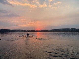 Rowers on flat water into a pink sunset