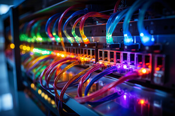 Fototapeta premium Network cables and switches with multicolored lights in a rack