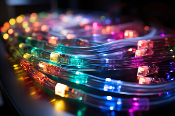 Multicolored network cables reflecting on a surface
