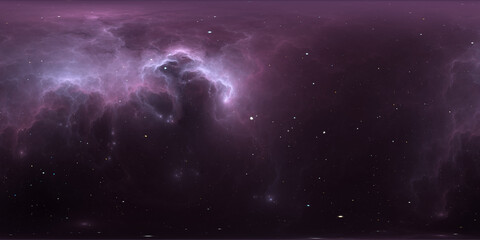 360 degree space background with nebula and stars, equirectangular projection, environment map. HDRI spherical panorama.