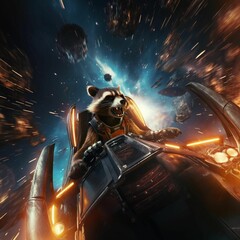 AI generated illustration of a rocket raccoon manoeuvering a spaceship - obrazy, fototapety, plakaty