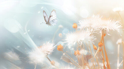  a white butterfly flying over a bunch of flowers on a sunny day.  generative ai