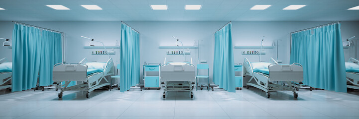 A hospital intensive care beds with medical equipment. Medical facility set up - 672330249