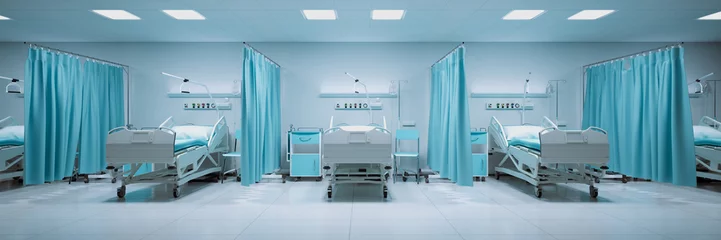 Fotobehang A hospital intensive care beds with medical equipment. Medical facility set up © Dabarti