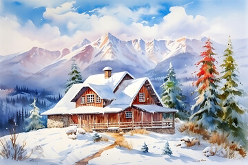 Fototapeta premium Watercolor painting realistic Fantastic winter landscape with wooden house in snowy mountains.