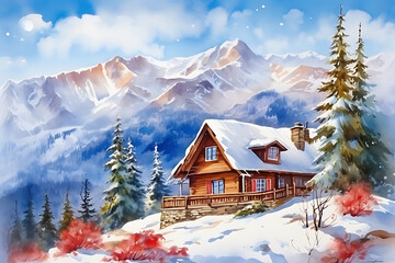 Watercolor painting realistic Fantastic winter landscape with wooden house in snowy mountains.