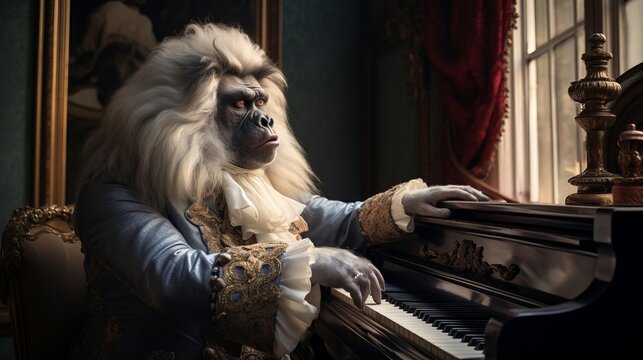 3D ironic portrait, Animal, Gorilla, Musician, Playing, Piano, Pianist, 1700. THE RAPT GAZE OF THE GORILLA PIANIST. A gorilla musician caught in the rare moment of maximum artistic enlightenment.