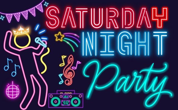 Neon style saturday night party design. Neon effect party illustration design for celebration.