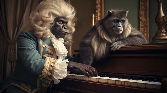3D gorilla portrait, Pianist, Piano, Musician, 1700, Ironic, Playing, Bizarre. GORILLAS ALSO LIKE MUSIC. Pianist master. 1700s wig, noble attire. Ancestor monkey friend at his side and inspiring muse