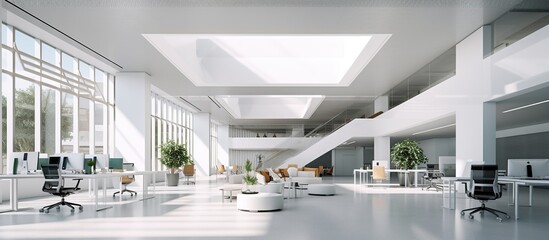 Interior modern empty office building daylight. AI generated image - obrazy, fototapety, plakaty