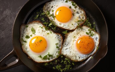 Fried eggs in a frying pan with green onions close-up