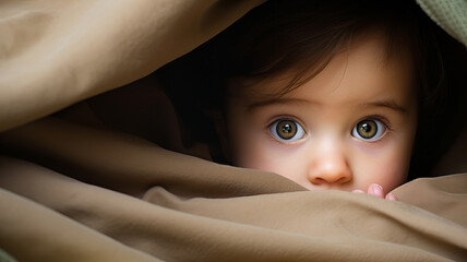 Curious child peeking out of a wrapped quilt. Generative  AI