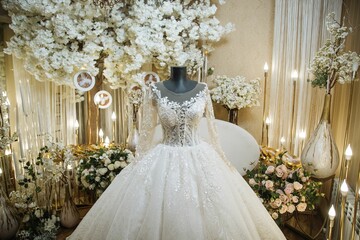 Mannequin wearing a stunning white wedding dress surrounded by a colorful array of flowers.