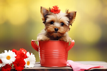 Cute Dog Dressed in a Red Scarf and Hat with Space.