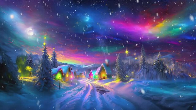 Colorful Village And Sky With Snow Fall