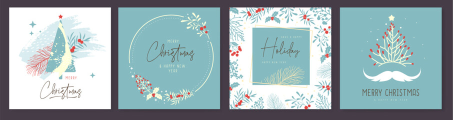 Set of Christmas holiday greeting cards or covers with christmas floral desoration. Vector illustration