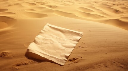 Blank crumpled paper sheet, Parchment, Desert sand, Template, Customizable letter. CRUMPLED PAGE OF PAPYRUS ON DESERT SAND. Slightly crumpled inclined sheet of paper on the African dunes