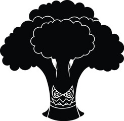Cartoon Black and White Isolated Illustration Vector Of A Cartoon Character Broccoli Floret With an Angry Face