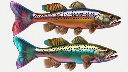 fish on a white  A colorful scene of a  Rainbow trout fish isolated on a white background. Side view. 