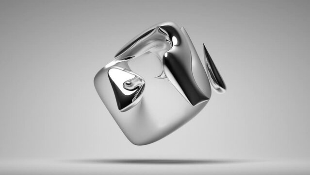 3d render abstract art surreal 3d organic alien cube or liquid substance in curve wavy smooth and soft bio forms in glossy silver metal material with matte plastic translucent parts on grey background