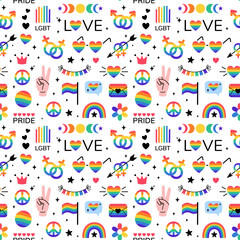 LGBT stickers seamless pattern in doodle style. LGBTQ set. LGBT pride community Symbols. Rainbow colored elements. Vector illustration.