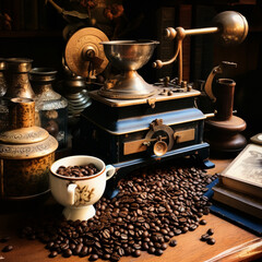 Coffee beans on a 1950s style table with a gramophone and an old coffee grinder