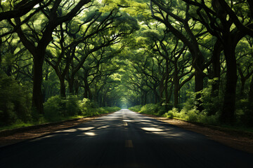 Obraz premium Shaded road under arching green tree branches