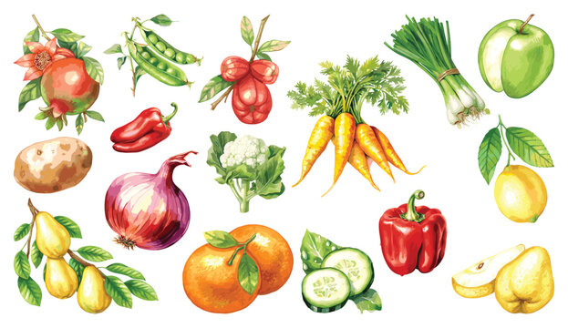 Watercolor painted collection of vegetables and fruits. Hand drawn fresh food design elements isolated on white background.