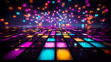 a colorful floor with a lot of lights on it and a black background with a pattern of squares and dots - obrazy, fototapety, plakaty