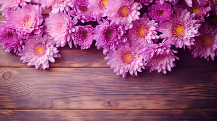  a bunch of pink flowers on a wooden surface with a space for text.  generative ai